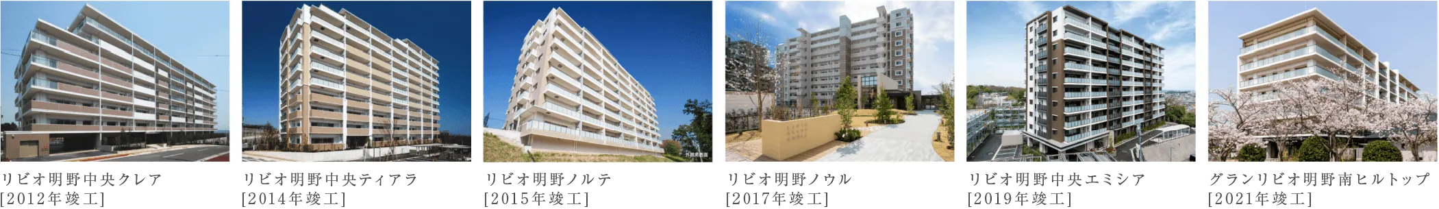 リビオ明野中央クレア[2012年竣工],リビオ明野中央ティアラ[2014年竣工],リビオ明野ノルテ[2015年竣工],リビオ明野ノウル[2017年竣工],リビオ明野中央エミシア[2019年竣工],グランリビオ明野南ヒルトップ[2022年竣工]